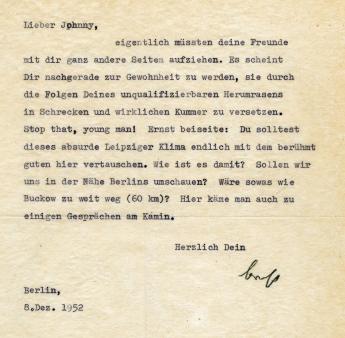 Letter from Bertolt Brecht to John Heartfield, Berlin, 8th December 1952. Photo: Akademie der Künste, Berlin, JHA 26.